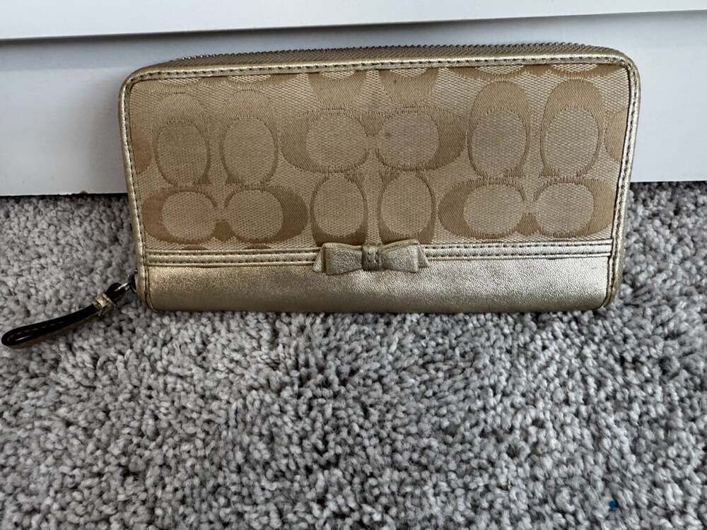 Coach Signature C Canvas and Gold Leather Bow Zip Around Wallet